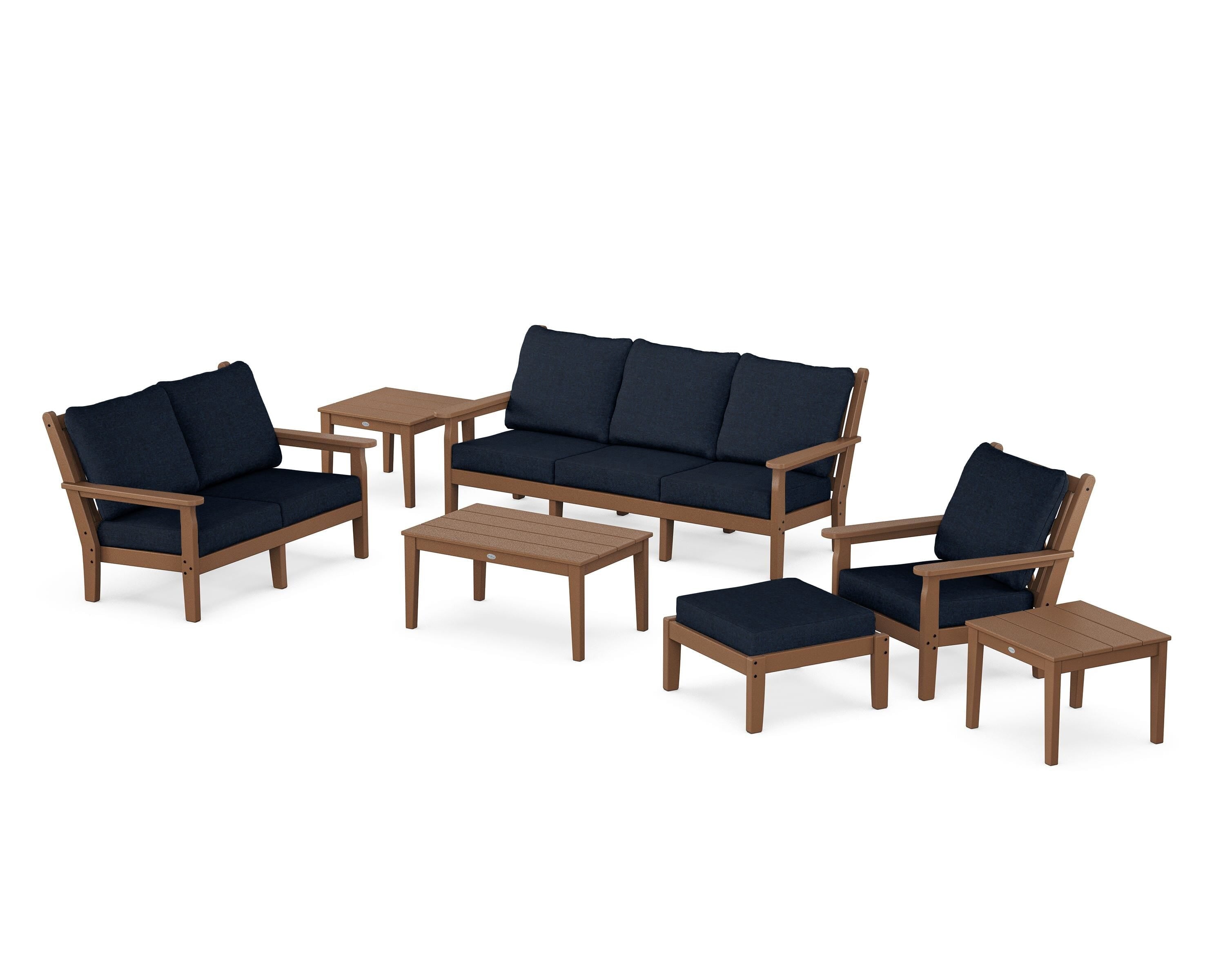 POLYWOOD® Chippendale 7-Piece Deep Seating Set in Teak / Marine Indigo