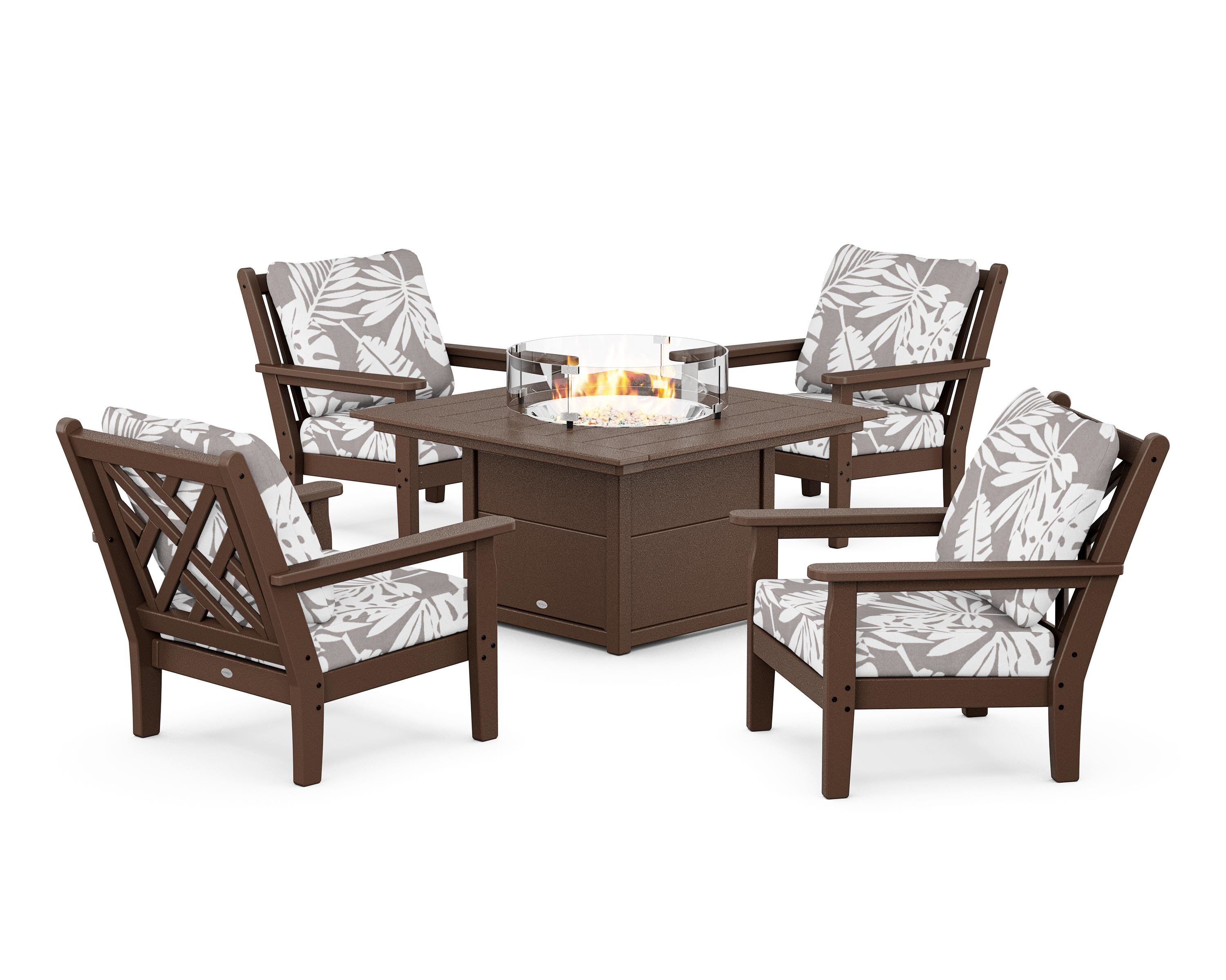 POLYWOOD® Chippendale 5-Piece Deep Seating Set with Fire Pit Table in Mahogany / Leaf Grey Mist