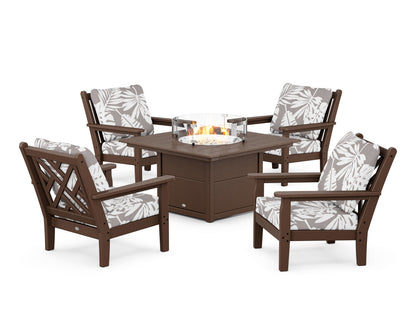 POLYWOOD® Chippendale 5-Piece Deep Seating Set with Fire Pit Table in Mahogany / Leaf Grey Mist