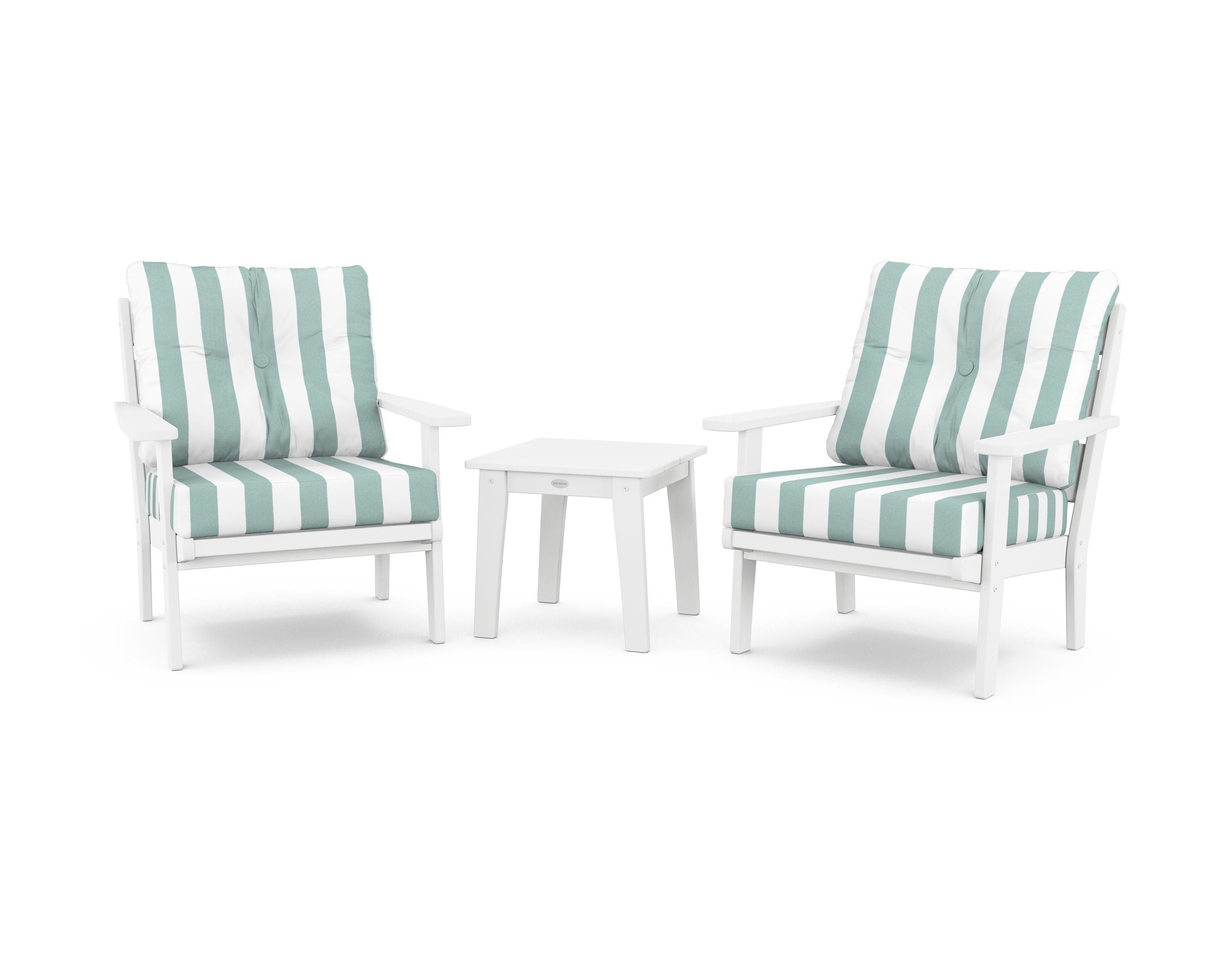 POLYWOOD® Lakeside 3-Piece Deep Seating Chair Set in White / Cabana Stripe Glacier Spa