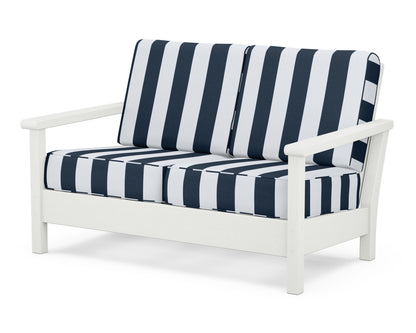 POLYWOOD® Harbour Deep Seating Loveseat in Vintage White / Cabana Stripe Marine Indigo