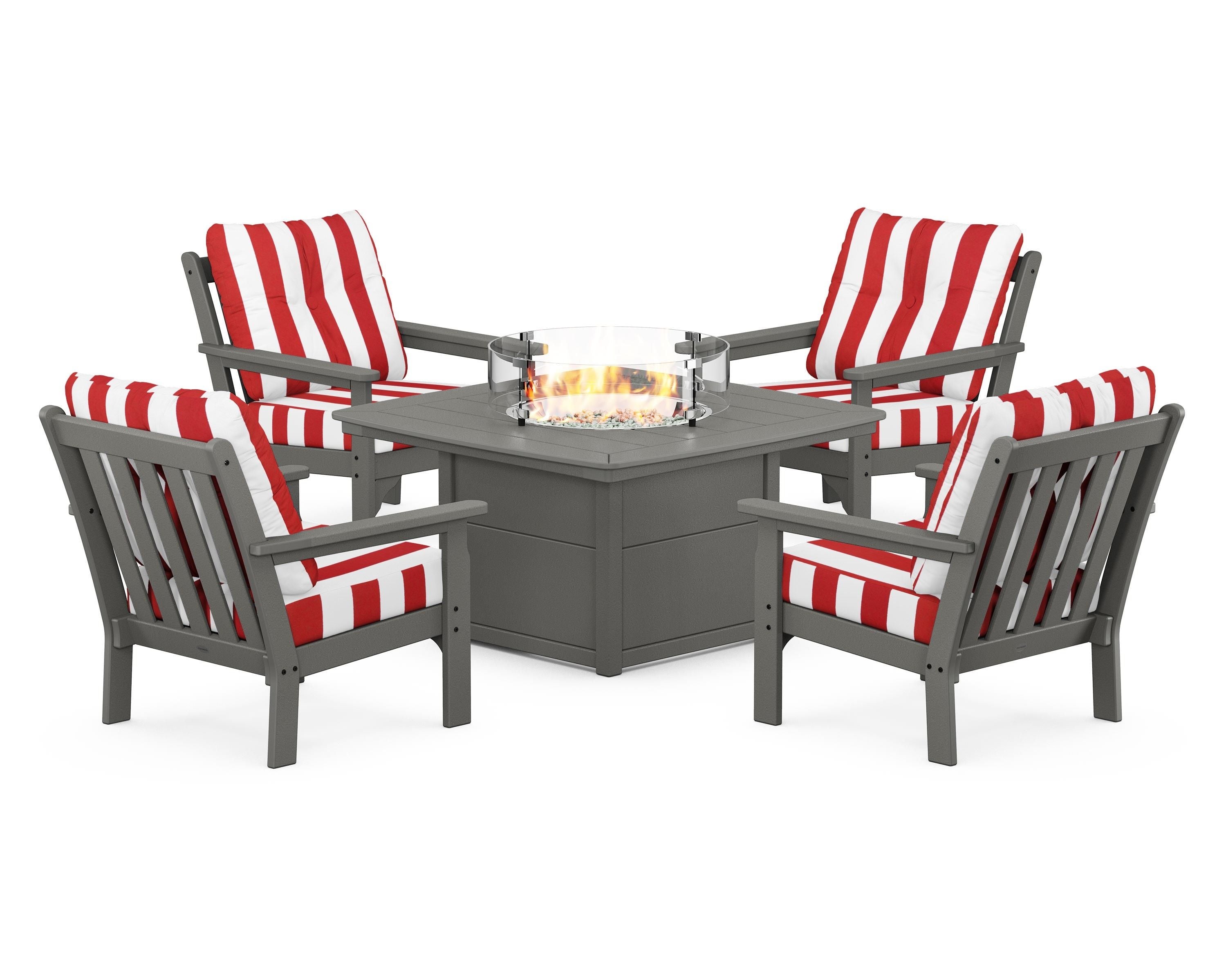 POLYWOOD® Vineyard 5-Piece Conversation Set with Fire Pit Table in Slate Grey / Cabana Stripe Crimson