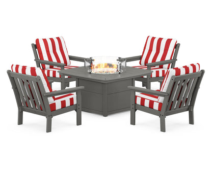 POLYWOOD® Vineyard 5-Piece Conversation Set with Fire Pit Table in Slate Grey / Cabana Stripe Crimson