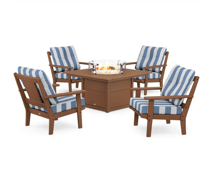POLYWOOD® Prairie 5-Piece Deep Seating Set with Fire Pit Table in Teak / Cabana Stripe Sky Blue