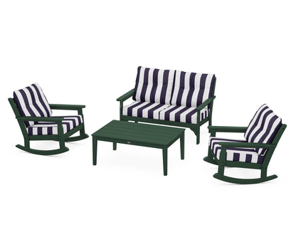 POLYWOOD® Vineyard 4-Piece Deep Seating Rocking Chair Set in Green / Cabana Stripe Navy