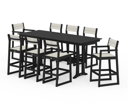 POLYWOOD® EDGE Sling 9-Piece Farmhouse Bar Set with Trestle Legs in Black / Parchment Sling