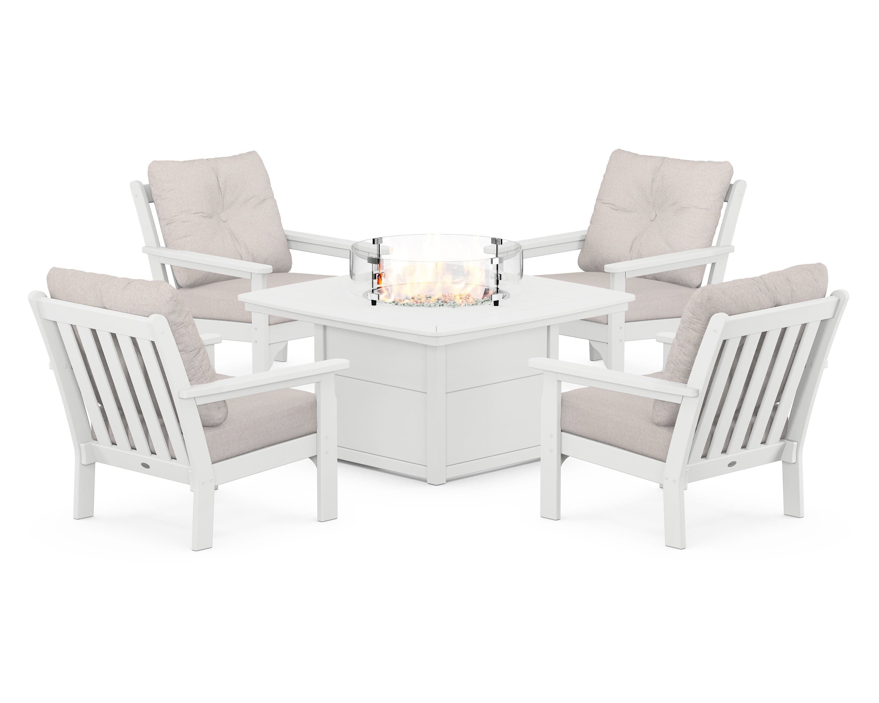 POLYWOOD® Vineyard 5-Piece Conversation Set with Fire Pit Table in White / Dune Burlap