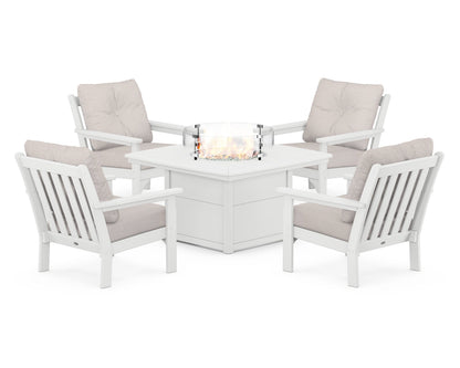POLYWOOD® Vineyard 5-Piece Conversation Set with Fire Pit Table in White / Dune Burlap