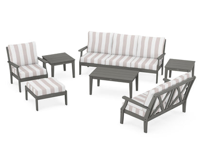 POLYWOOD® Braxton 7-Piece Deep Seating Set in Slate Grey / Cabana Stripe Dune Burlap