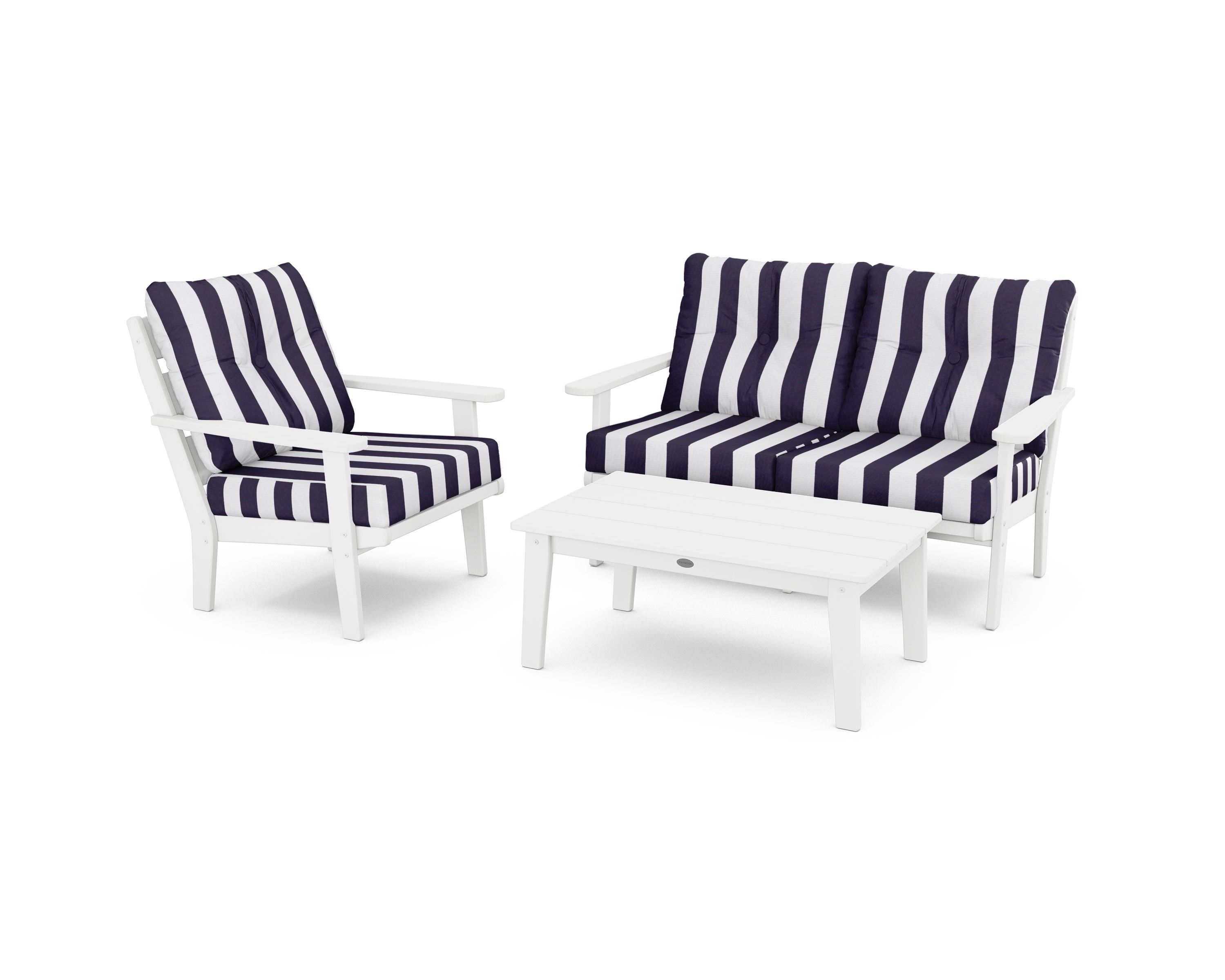 POLYWOOD® Lakeside 3-Piece Deep Seating Set in White / Cabana Stripe Navy