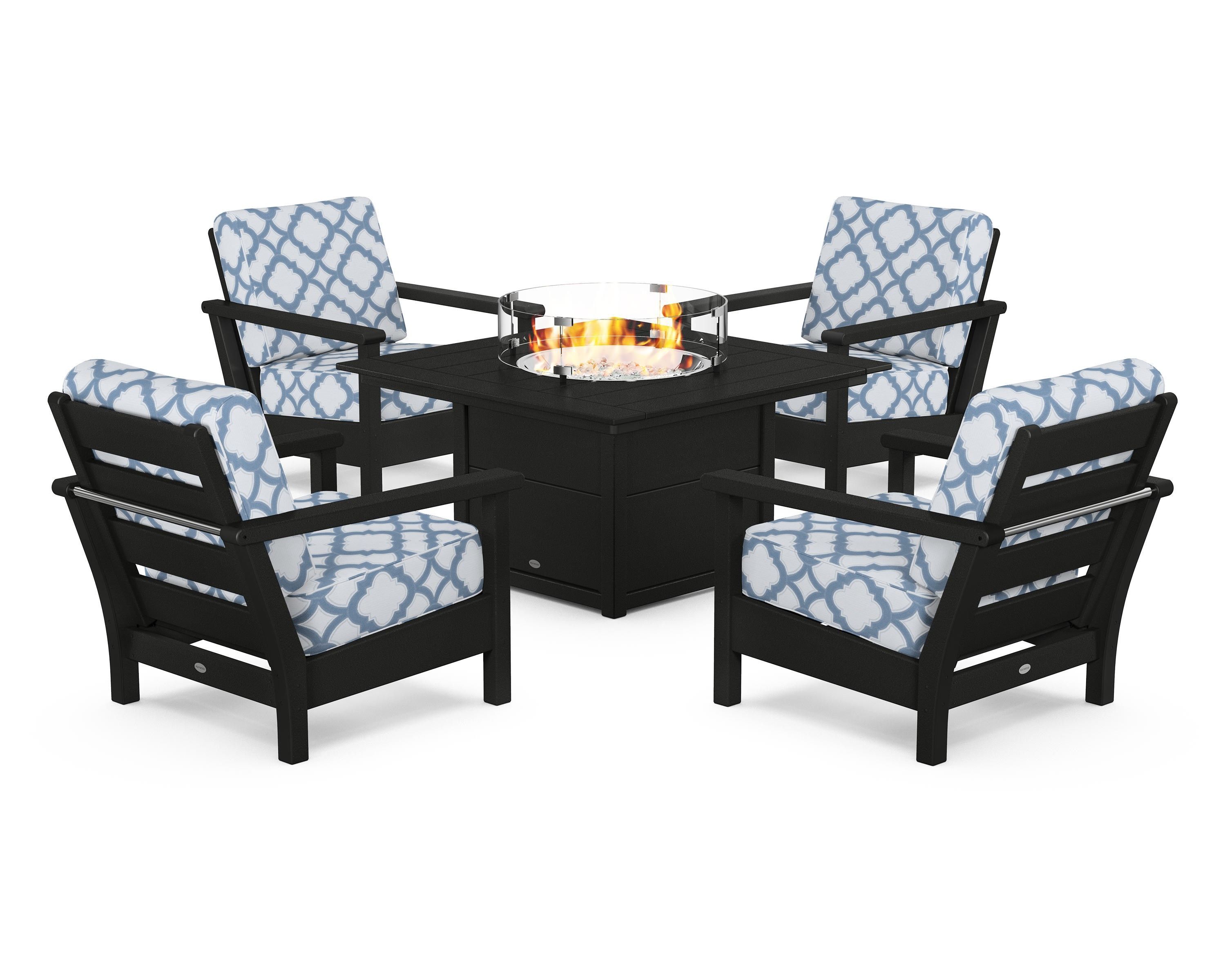 POLYWOOD® Harbour 5-Piece Conversation Set with Fire Pit Table in Black / Trellis Sky Blue