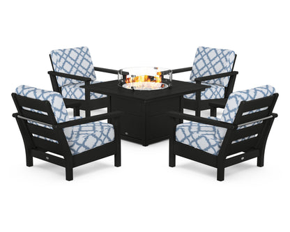 POLYWOOD® Harbour 5-Piece Conversation Set with Fire Pit Table in Black / Trellis Sky Blue