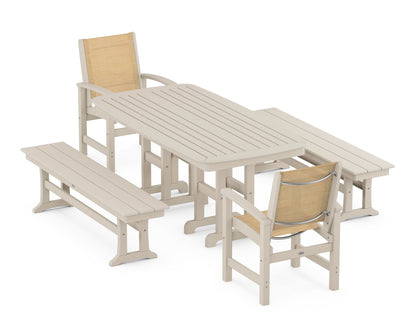 POLYWOOD® Coastal 5-Piece Dining Set in Sand / Dupioni Apricot Sling