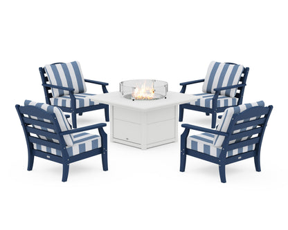 Draper James™ by  POLYWOOD® Savannah 5-Piece Deep Seating Set with Fire Pit Table in Navy / Cabana Stripe Sky Blue