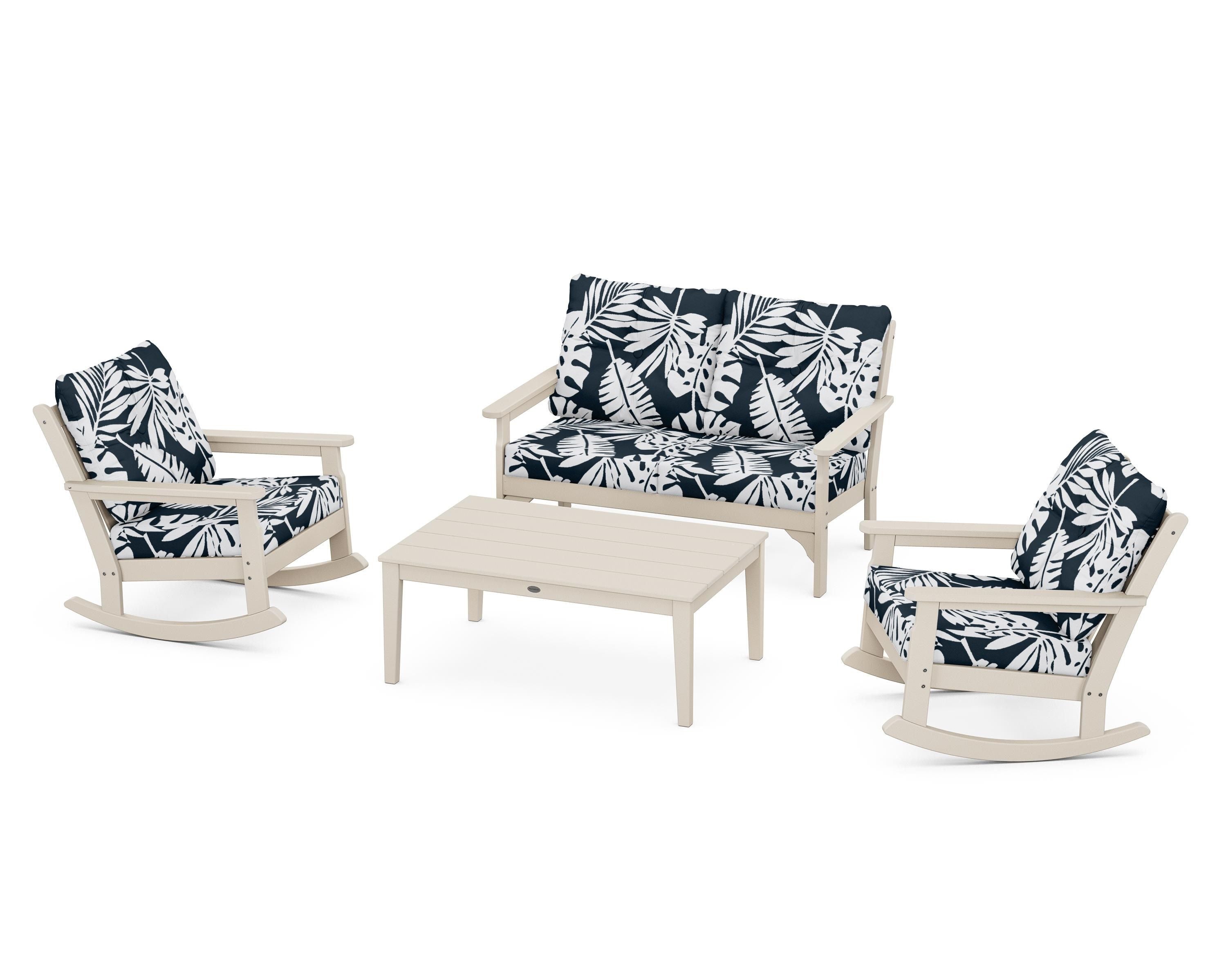 POLYWOOD® Vineyard 4-Piece Deep Seating Rocking Chair Set in Sand / Leaf Marine Indigo