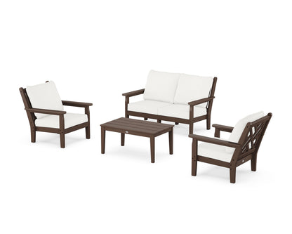POLYWOOD® Chippendale 4-Piece Deep Seating Set with Loveseat in Mahogany / Natural Linen