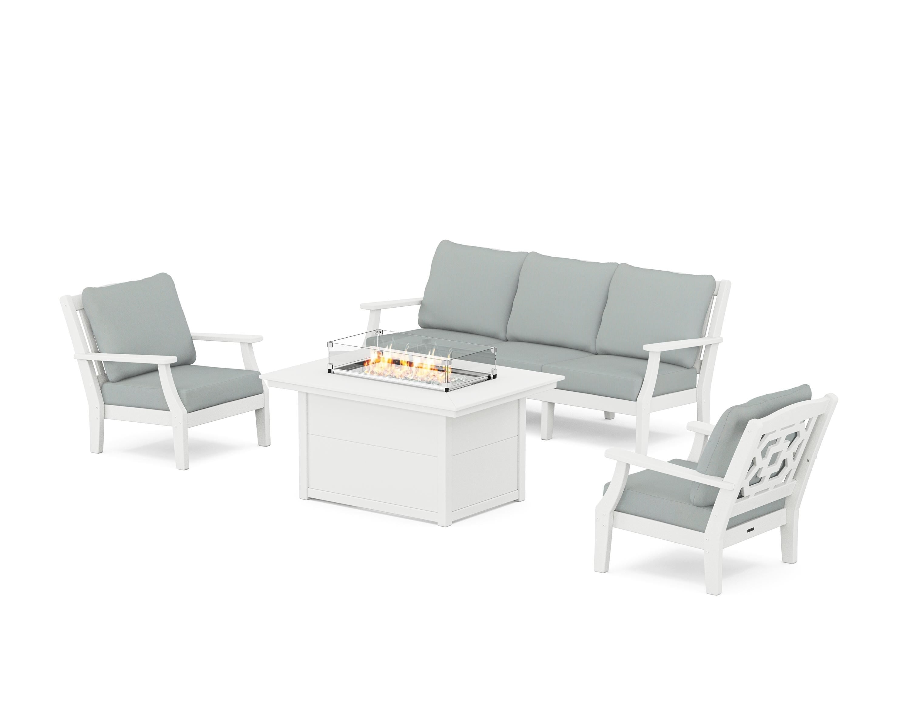 Martha Stewart by POLYWOOD® Chinoiserie Deep Seating Fire Pit Table Set in White / Spa