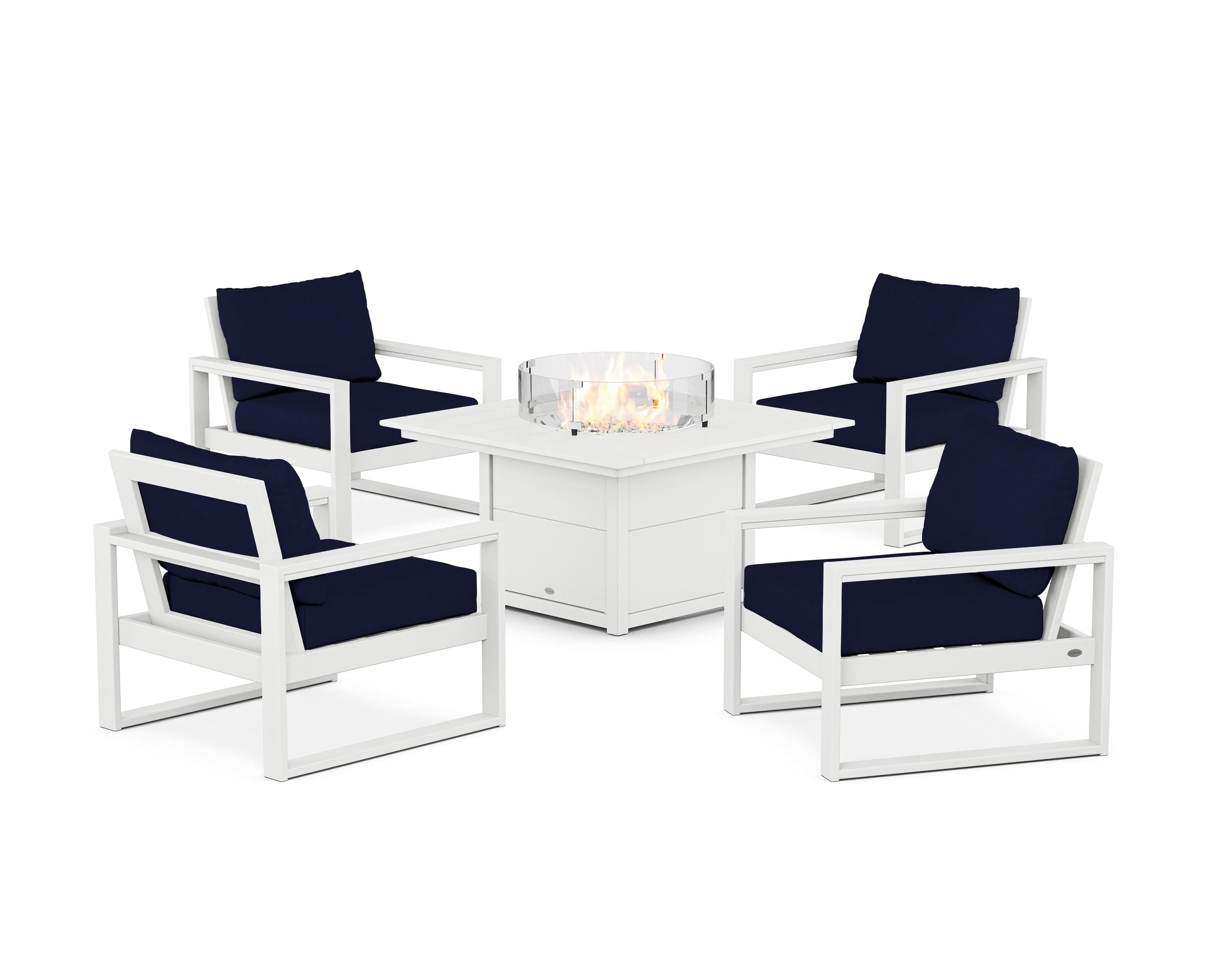 POLYWOOD® EDGE Sectional 5-Piece Deep Seating Set with Fire Pit Table in White / Navy
