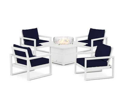POLYWOOD® EDGE Sectional 5-Piece Deep Seating Set with Fire Pit Table in White / Navy