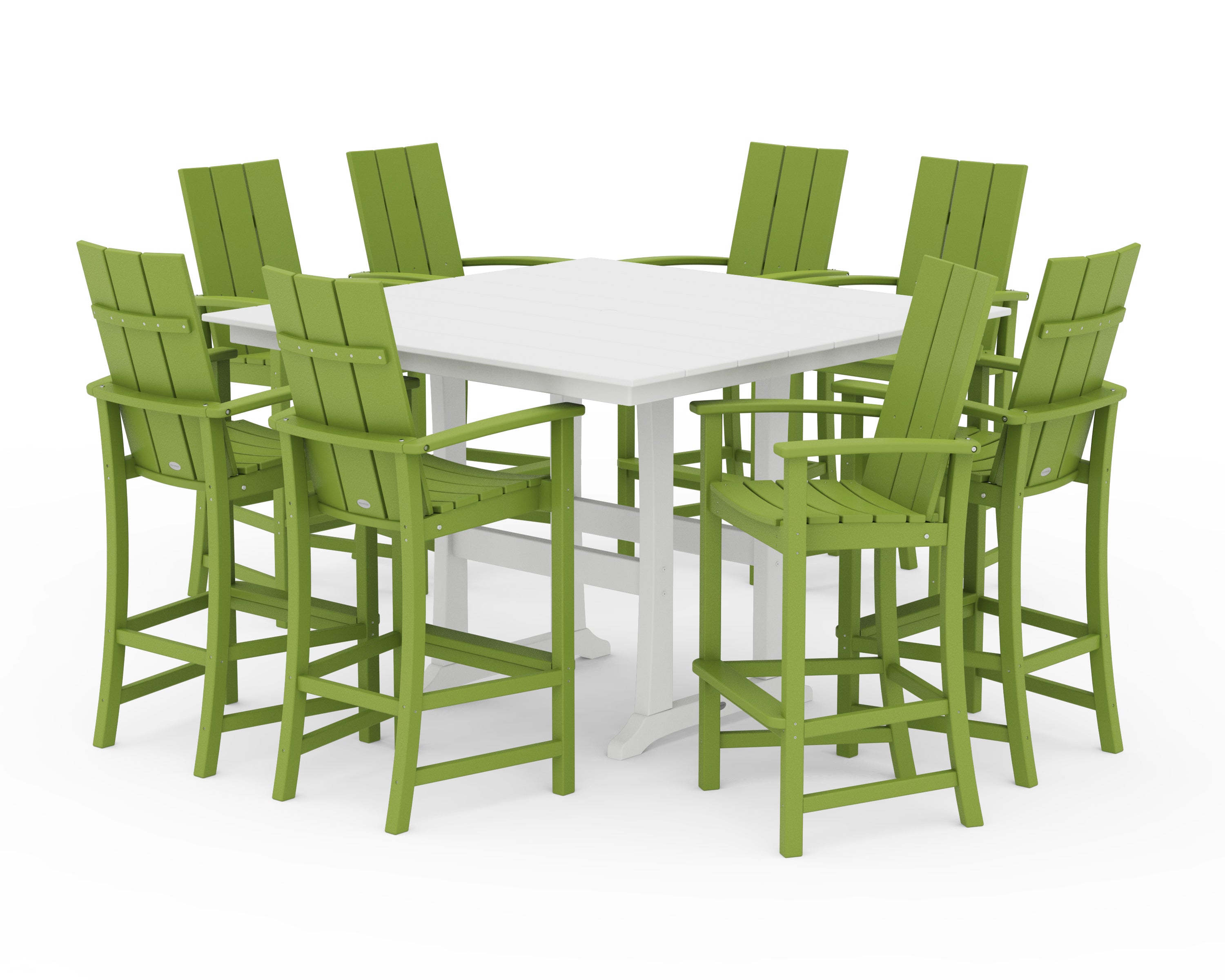 POLYWOOD® Modern Adirondack 9-Piece Farmhouse Trestle Bar Set in Lime / White