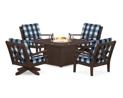 POLYWOOD® Braxton 5-Piece Deep Seating Set with Fire Table in Mahogany / Buffalo Plaid Marine Indigo