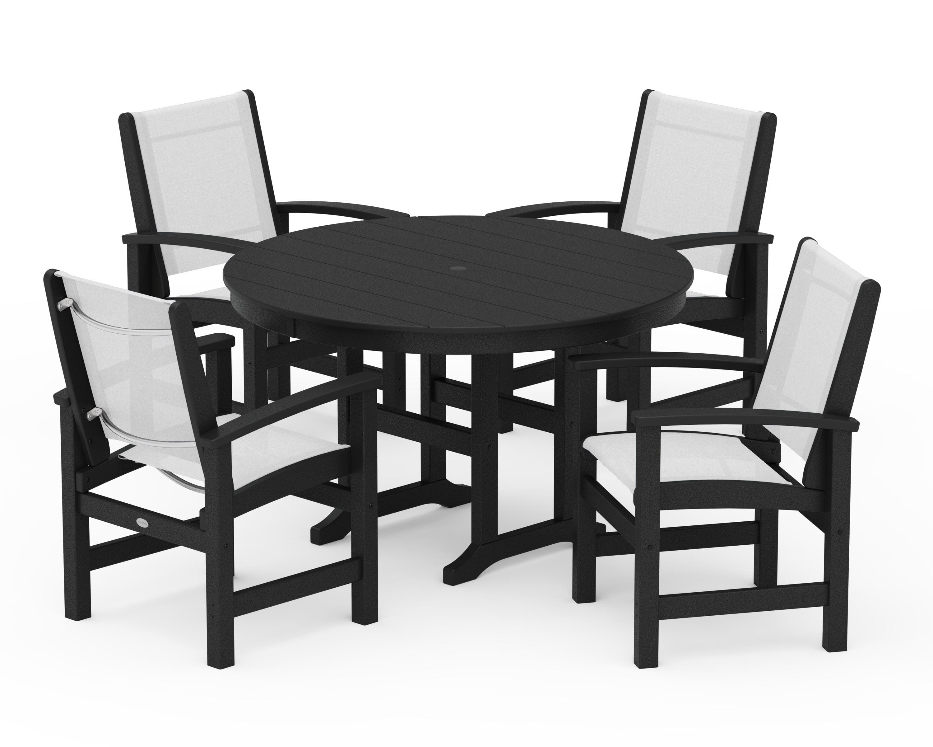 POLYWOOD® Coastal 5-Piece Round Farmhouse Dining Set in Black / White Sling