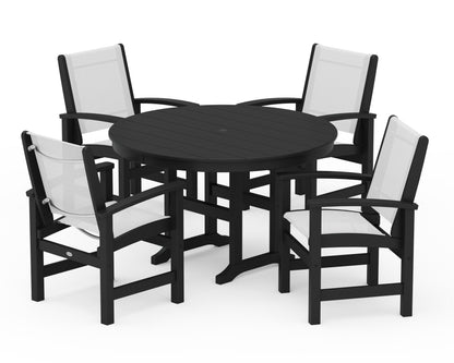 POLYWOOD® Coastal 5-Piece Round Farmhouse Dining Set in Black / White Sling