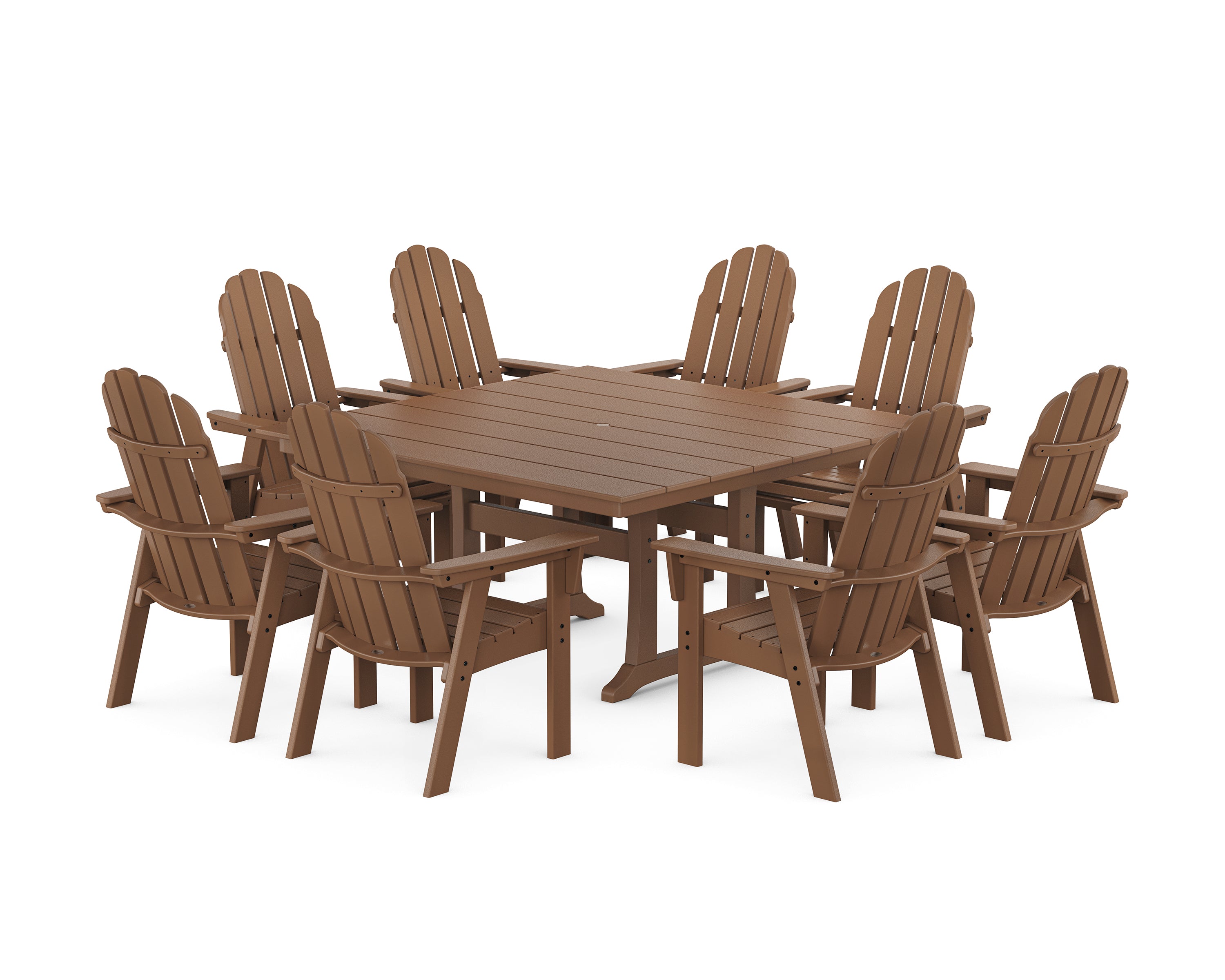 POLYWOOD® Vineyard Curveback Adirondack 9-Piece Square Farmhouse Dining Set with Trestle Legs in Teak