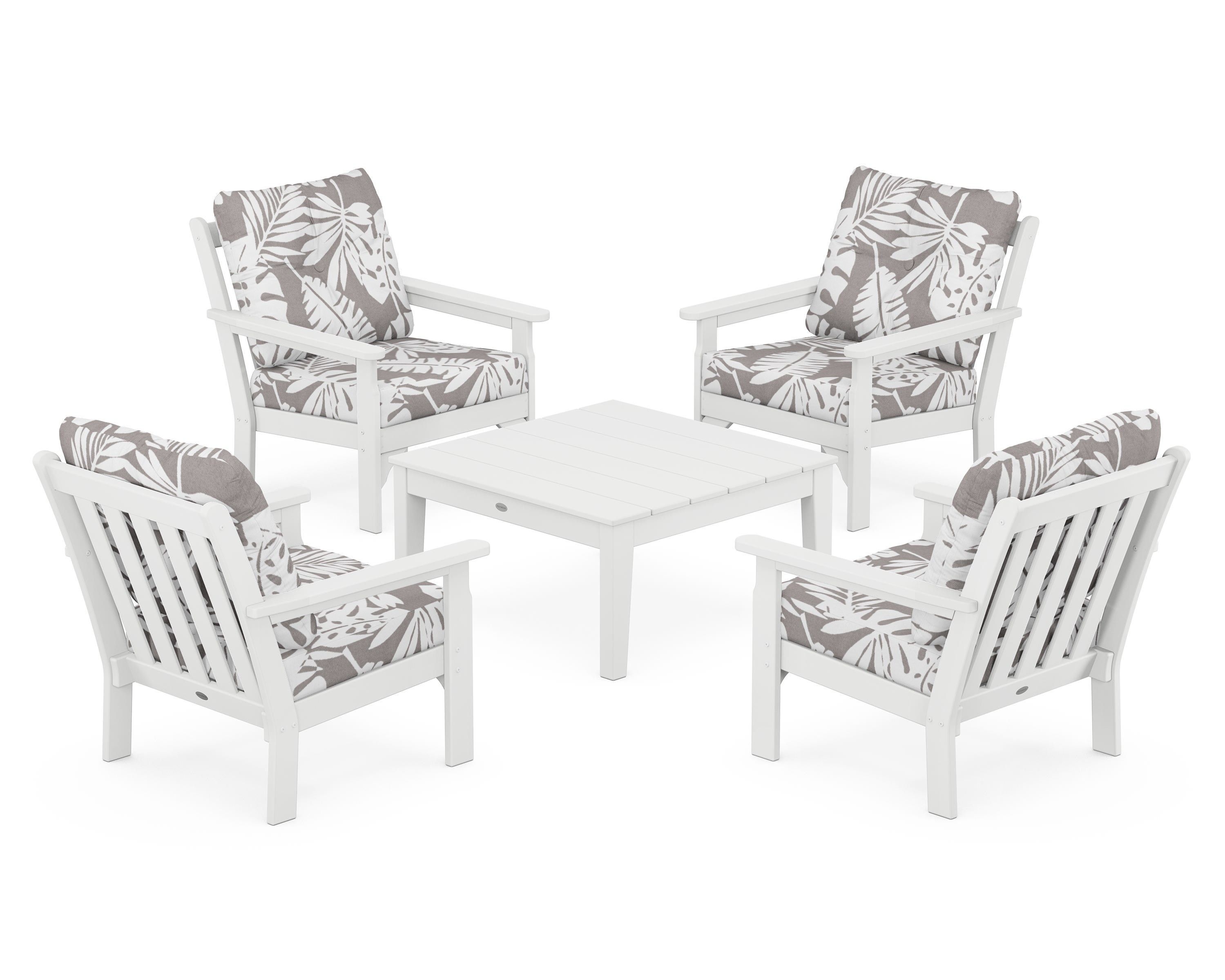 POLYWOOD® Vineyard 5-Piece Deep Seating Conversation Set in White / Leaf Grey Mist