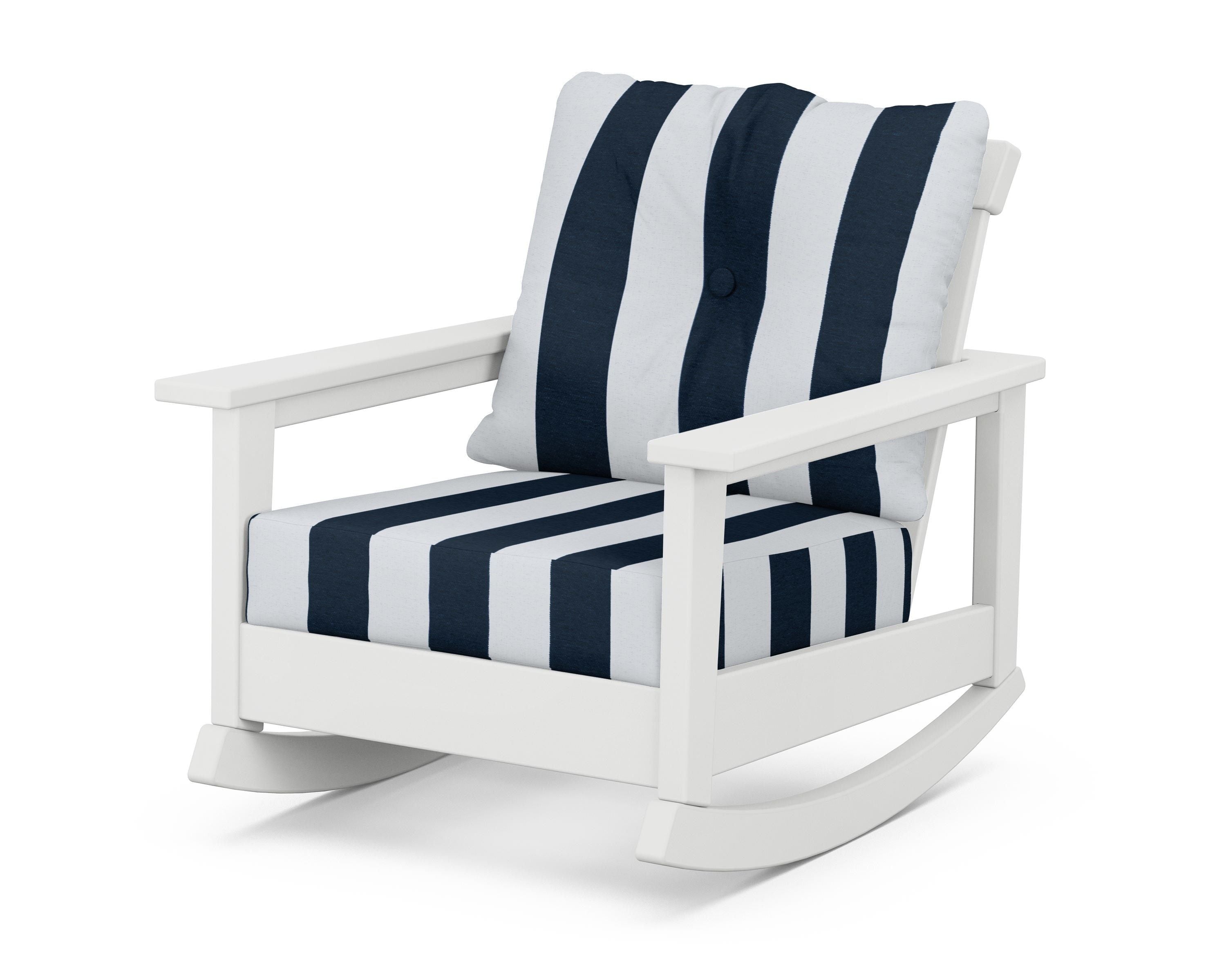 POLYWOOD® Prescott Deep Seating Rocking Chair in White / Cabana Stripe Marine Indigo