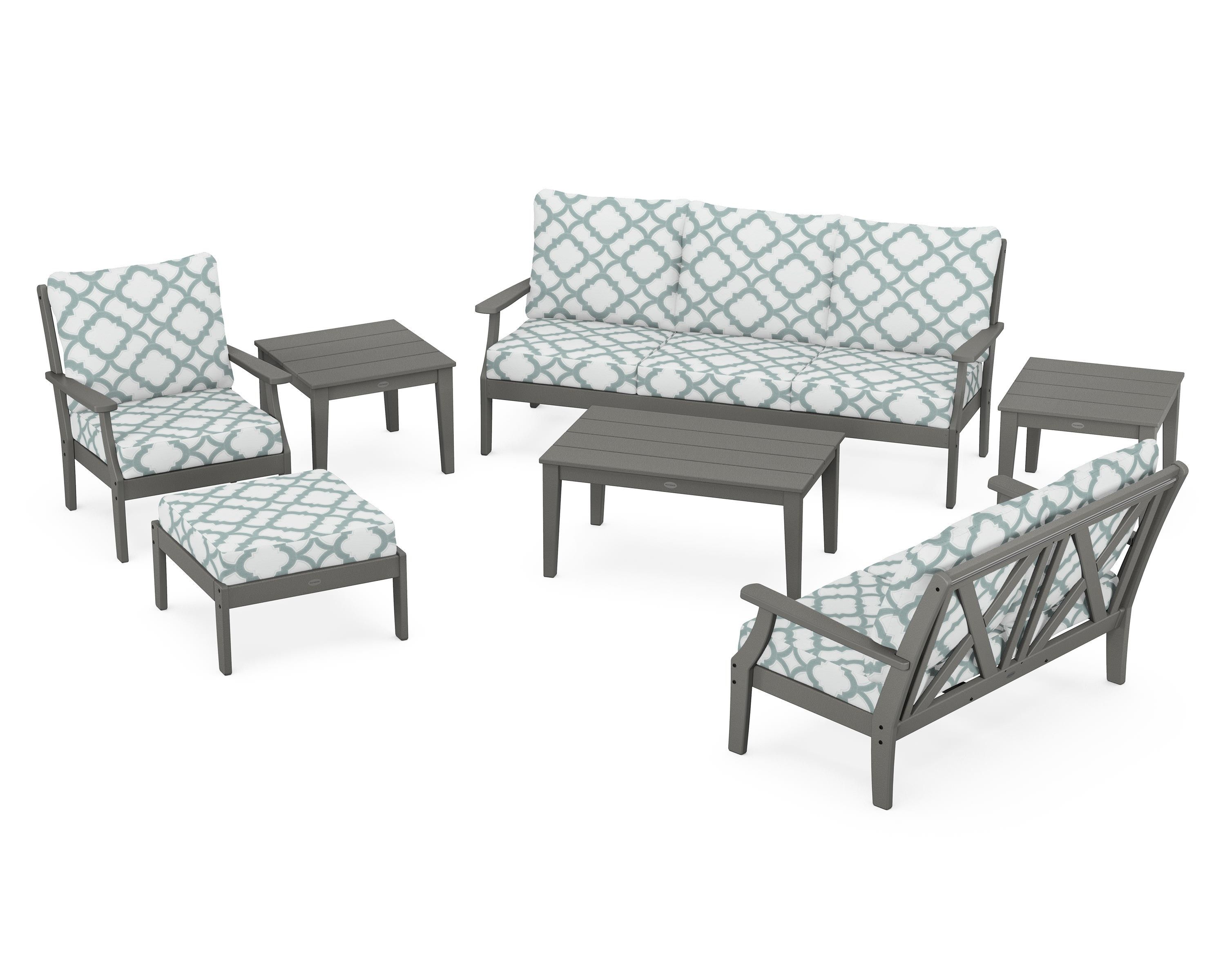 POLYWOOD® Braxton 7-Piece Deep Seating Set in Slate Grey / Trellis Glacier Spa