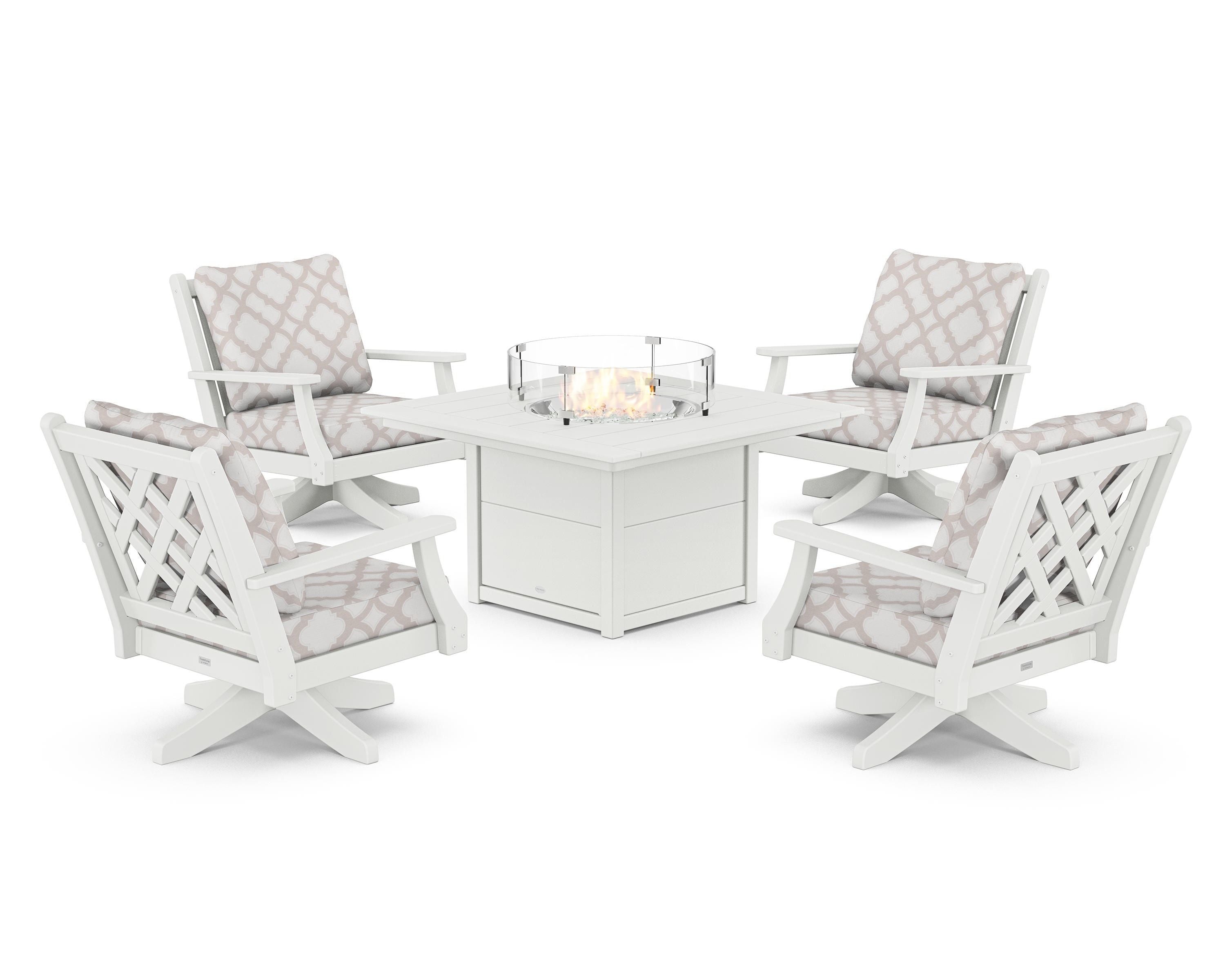 Country Living Wovendale 5-Piece Deep Seating Swivel Conversation Set with Fire Pit Table in White / Trellis Dune Burlap