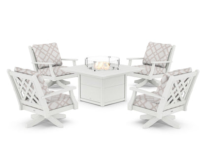 Country Living Wovendale 5-Piece Deep Seating Swivel Conversation Set with Fire Pit Table in White / Trellis Dune Burlap