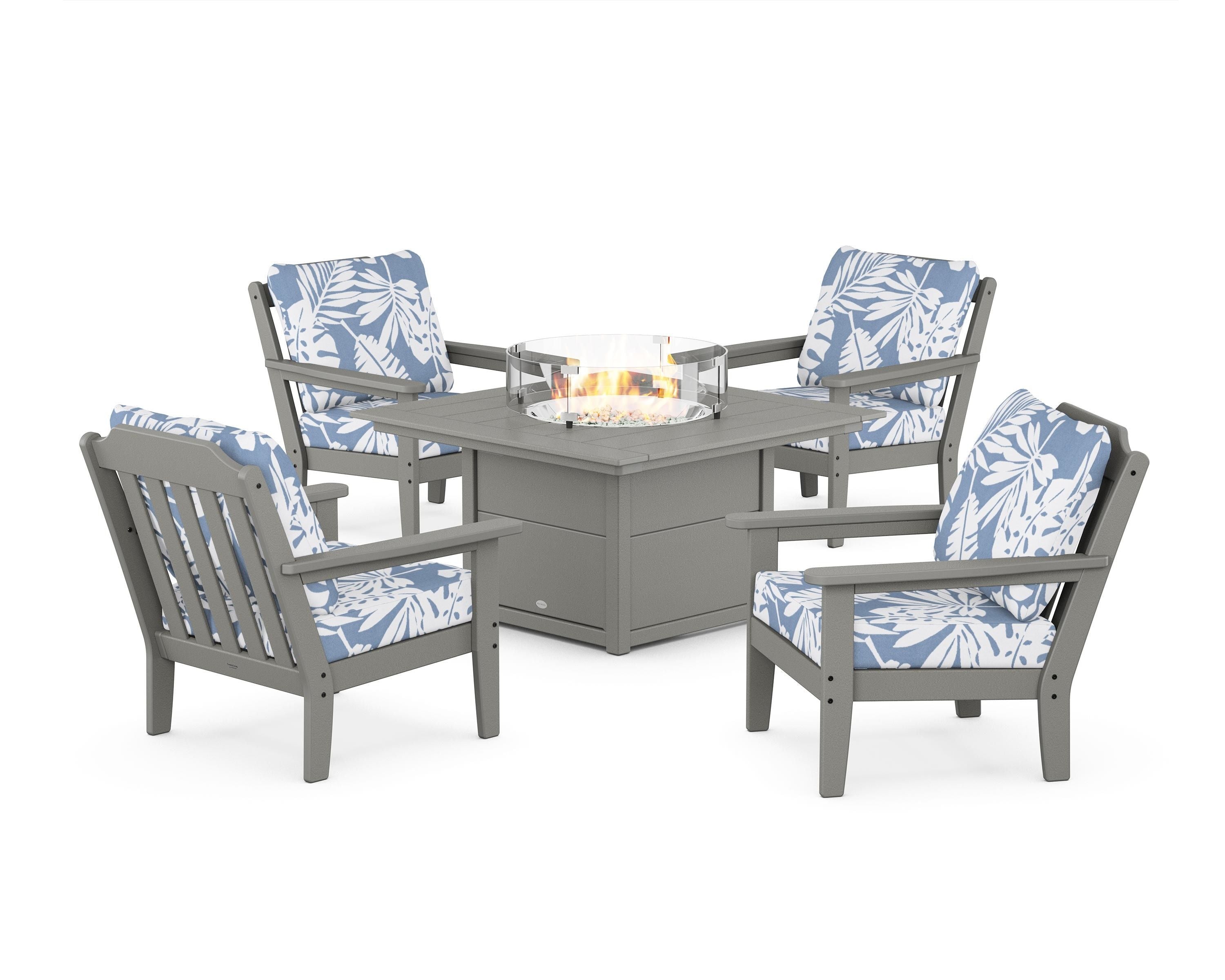Country Living Cottage 5-Piece Deep Seating Set with Fire Pit Table in Slate Grey / Leaf Sky Blue