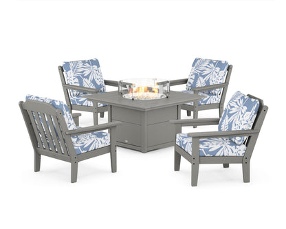 Country Living Cottage 5-Piece Deep Seating Set with Fire Pit Table in Slate Grey / Leaf Sky Blue