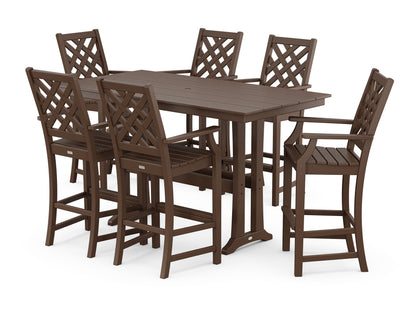 Country Living Wovendale Arm Chair 7-Piece Farmhouse Bar Set with Trestle Legs in Mahogany