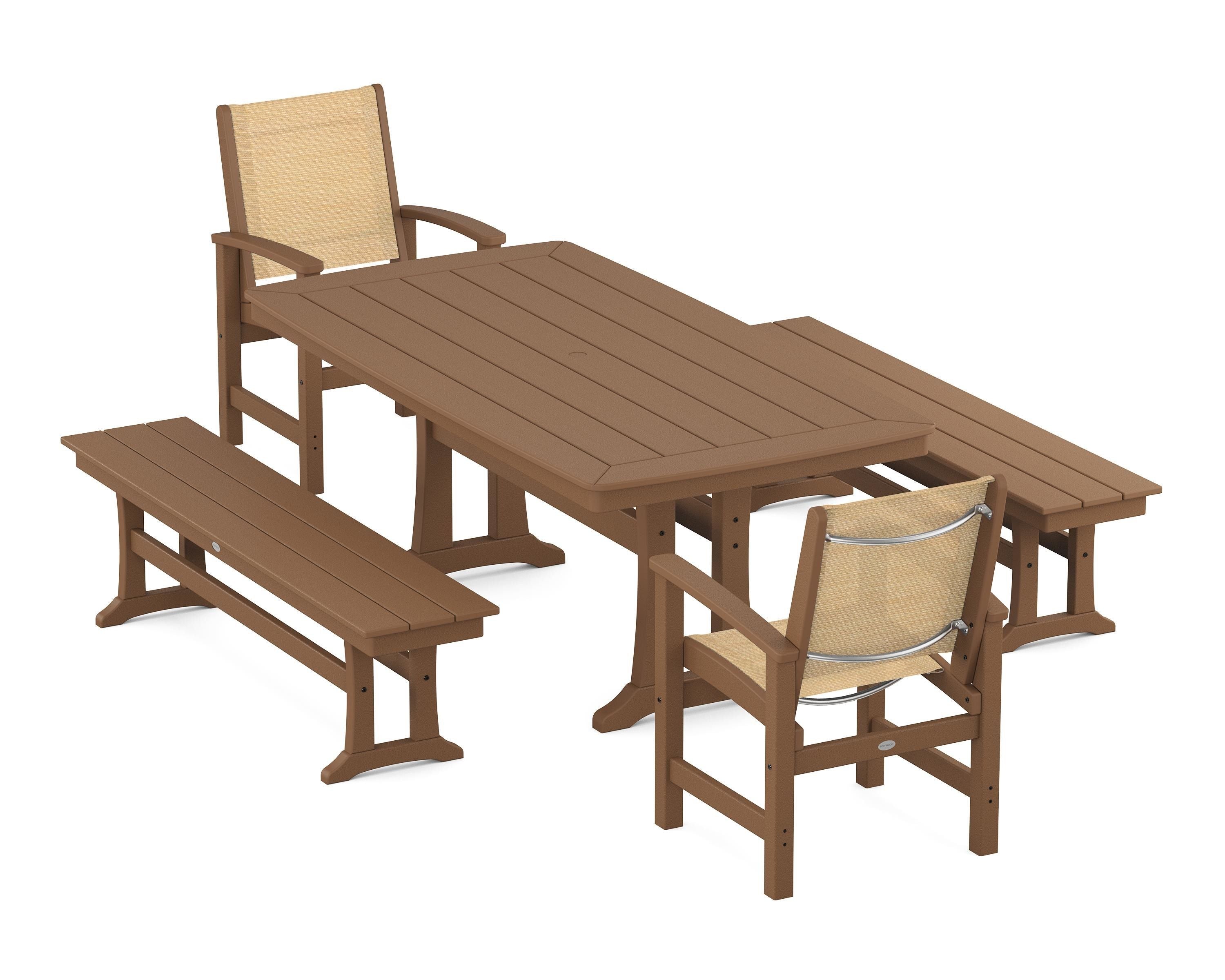 POLYWOOD® Coastal 5-Piece Dining Set with Trestle Legs and Benches in Teak / Dupioni Apricot Sling