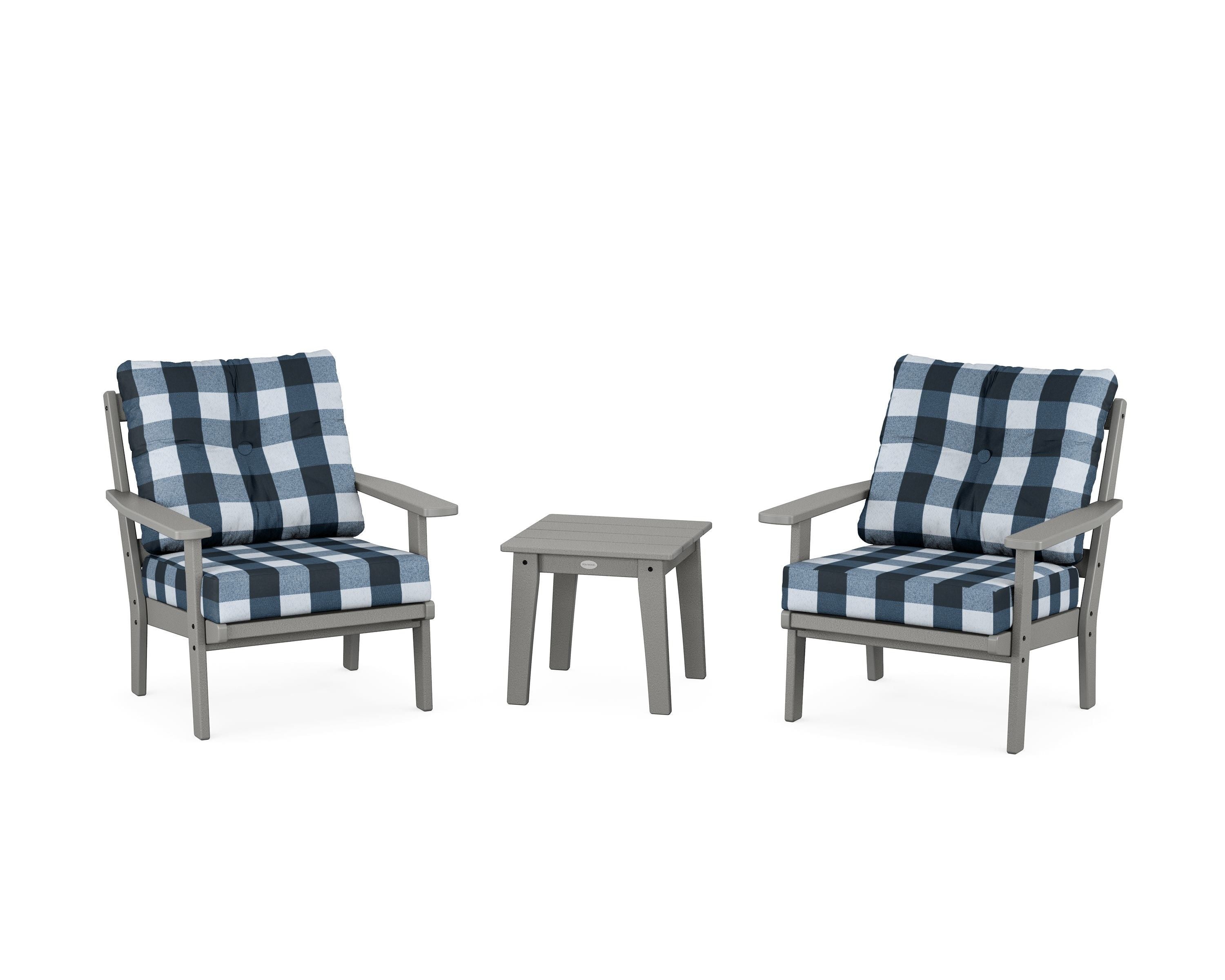 POLYWOOD® Oxford 3-Piece Deep Seating Set in Slate Grey / Buffalo Plaid Marine Indigo