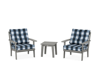 POLYWOOD® Oxford 3-Piece Deep Seating Set in Slate Grey / Buffalo Plaid Marine Indigo
