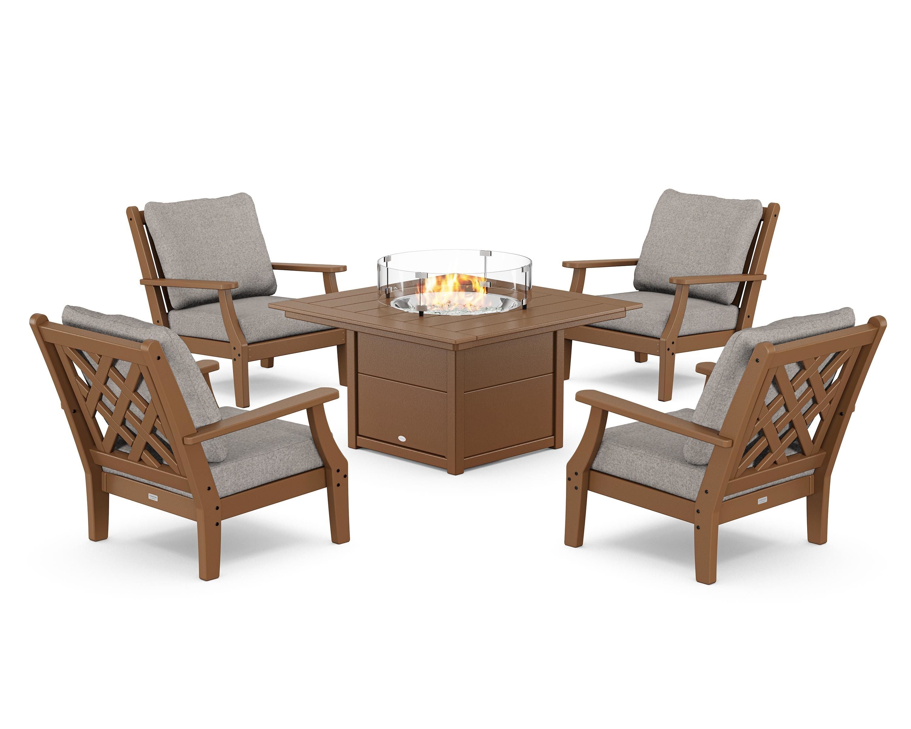 Country Living Wovendale 5-Piece Deep Seating Set with Fire Pit Table in Teak / Weathered Tweed