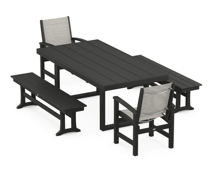 POLYWOOD® Coastal 5-Piece Dining Set with Trestle Legs in Black / Birch Sling