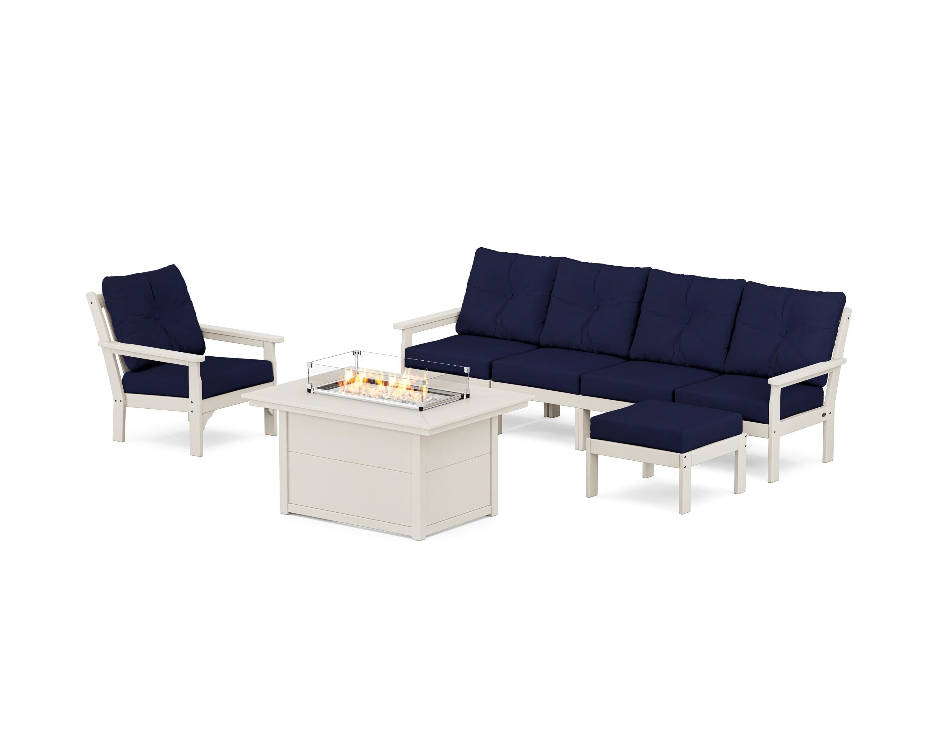 POLYWOOD® Vineyard Sectional Lounge and Fire Pit Set in Sand / Navy