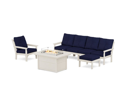 POLYWOOD® Vineyard Sectional Lounge and Fire Pit Set in Sand / Navy