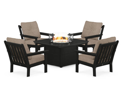 POLYWOOD® Vineyard 5-Piece Conversation Set with Fire Pit Table in Black / Spiced Burlap
