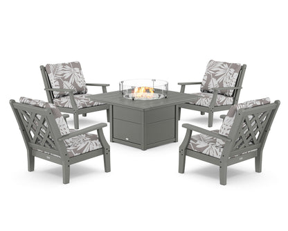 Country Living Wovendale 5-Piece Deep Seating Set with Fire Pit Table in Slate Grey / Leaf Grey Mist