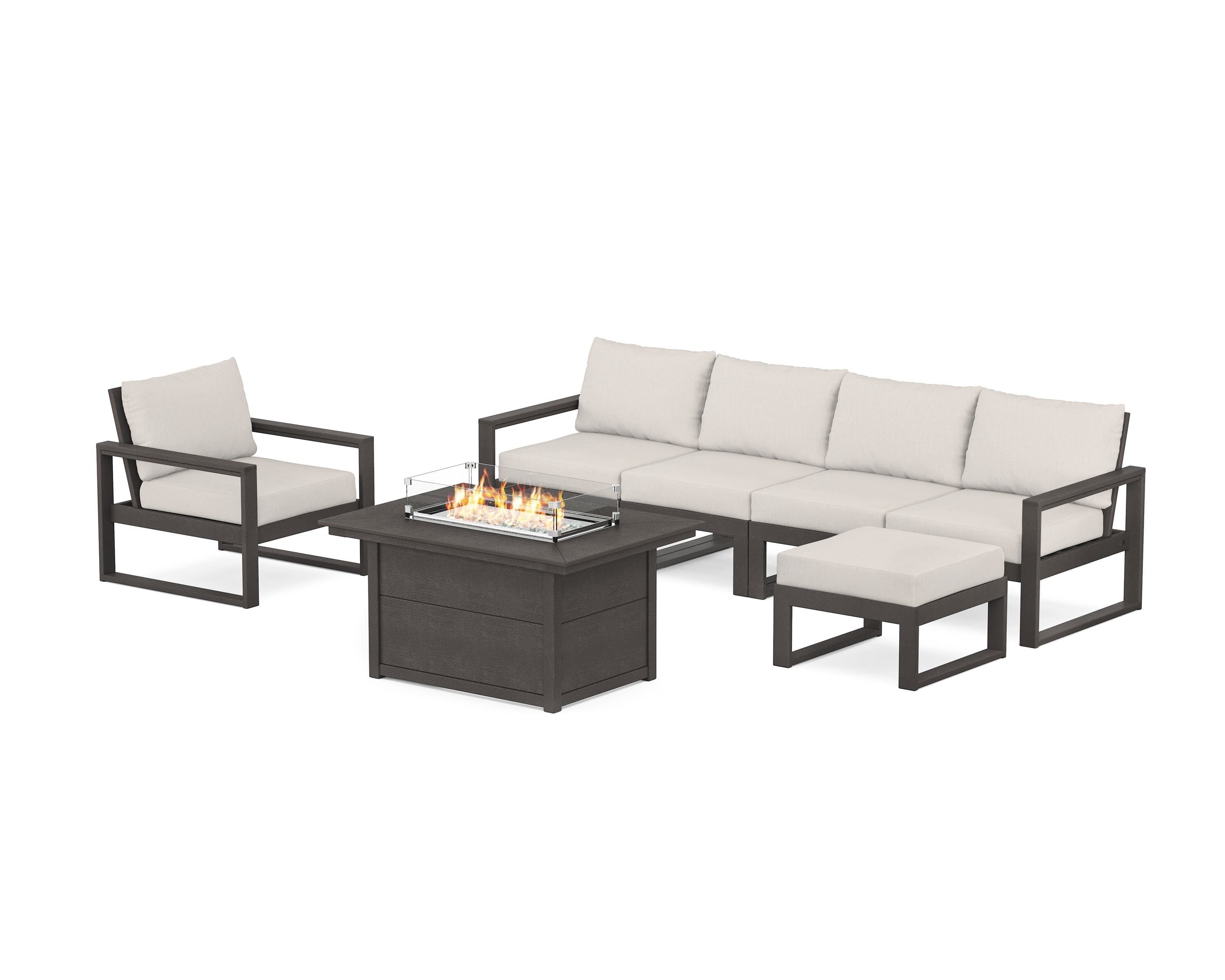 POLYWOOD® EDGE Sectional Lounge and Fire Pit Set in Vintage Coffee / Cast Ash
