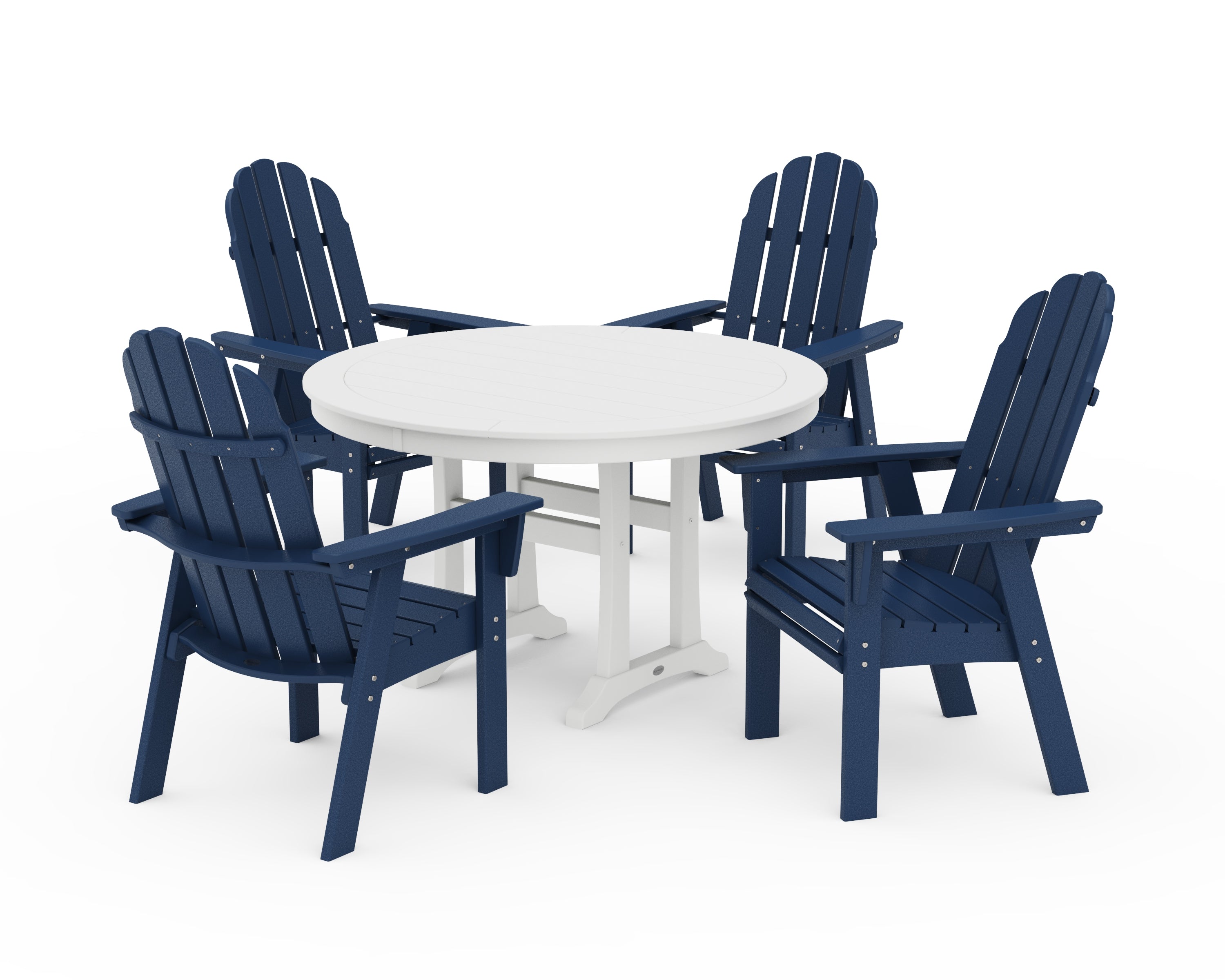 POLYWOOD® Vineyard Curveback Adirondack 5-Piece Nautical Trestle Dining Set in Navy / White