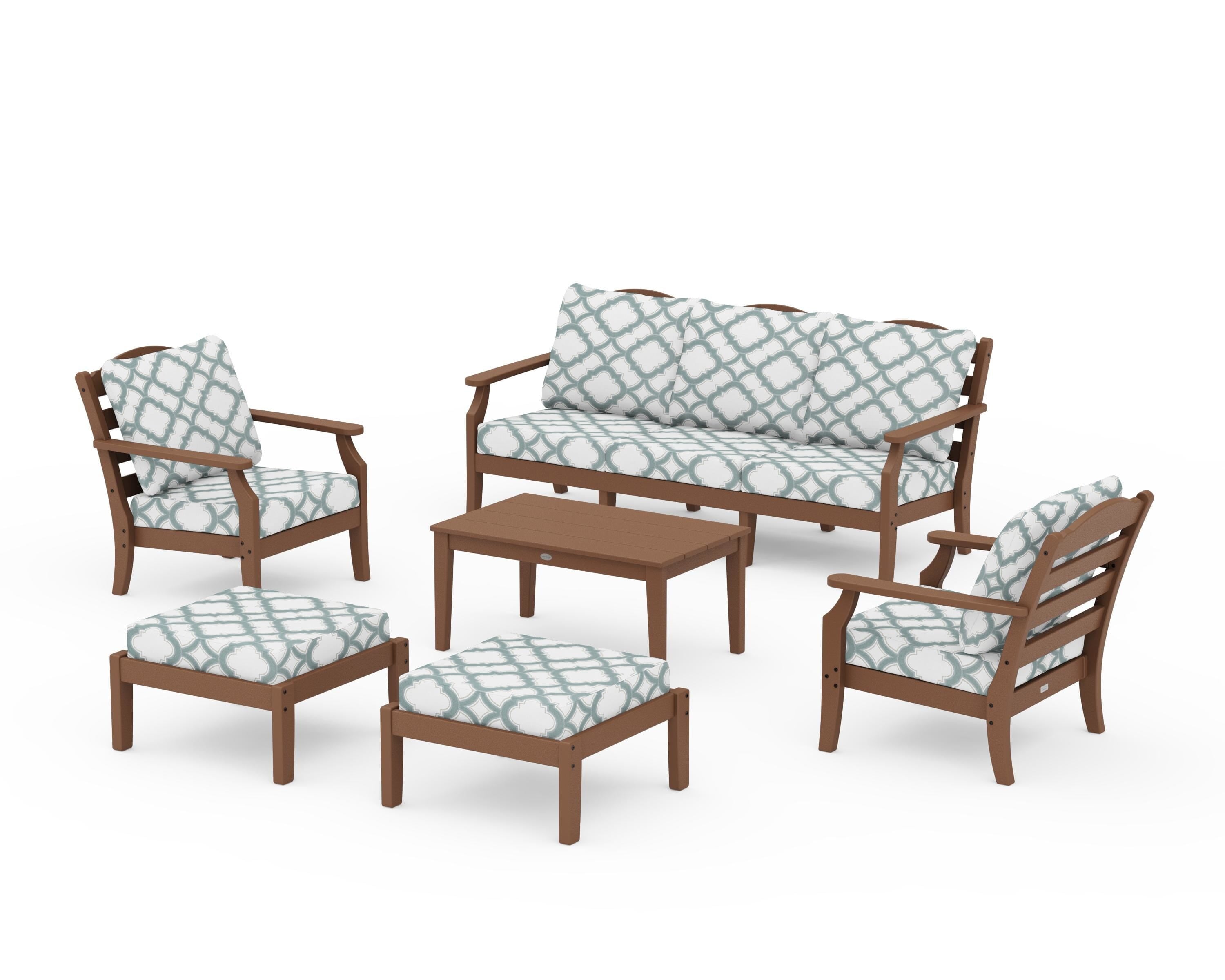 Draper James™ by  POLYWOOD® Savannah 6-Piece Lounge Sofa Set in Teak / Trellis Glacier Spa