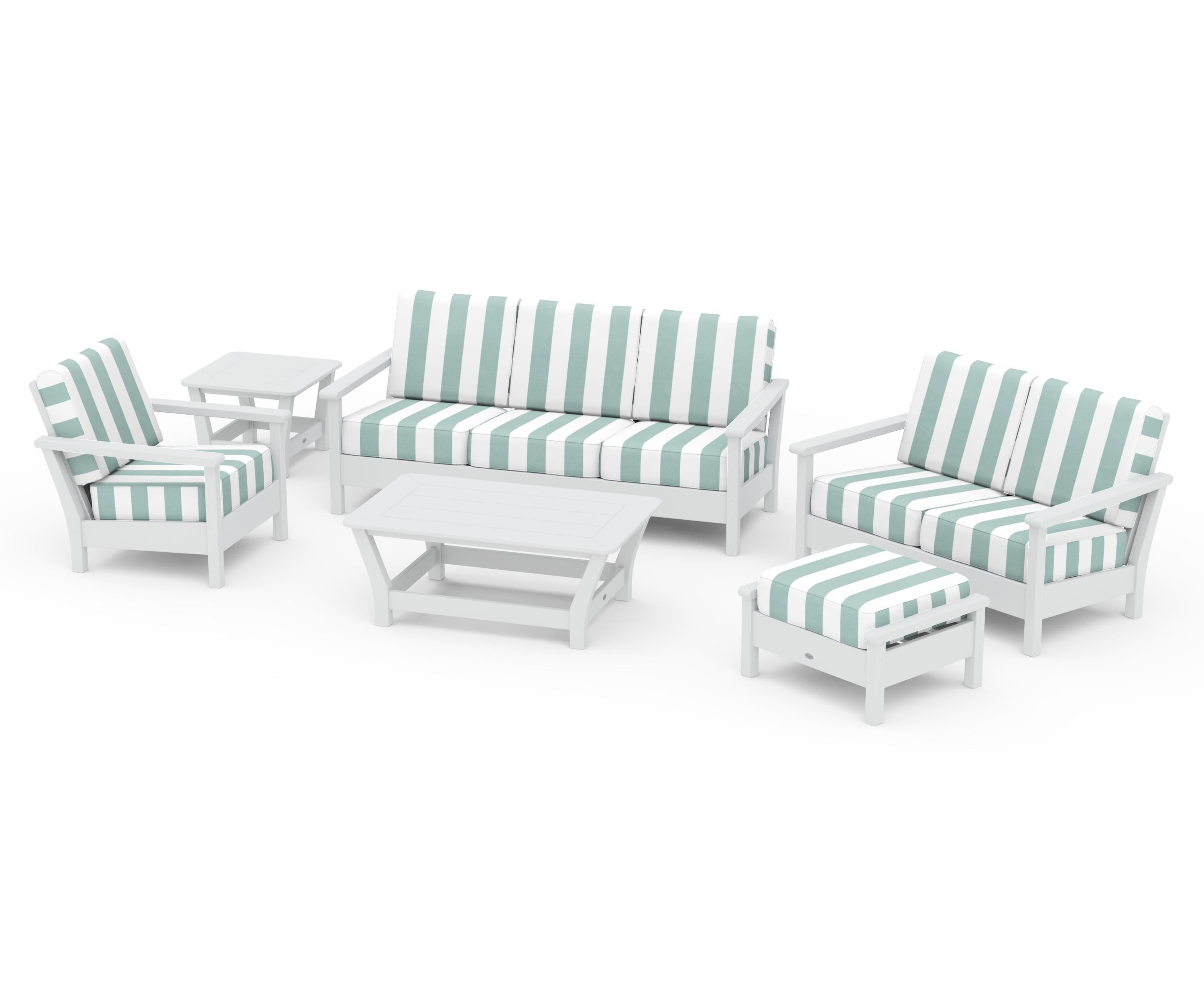 POLYWOOD® Harbour 6-Piece Outdoor Living Set in White / Cabana Stripe Glacier Spa