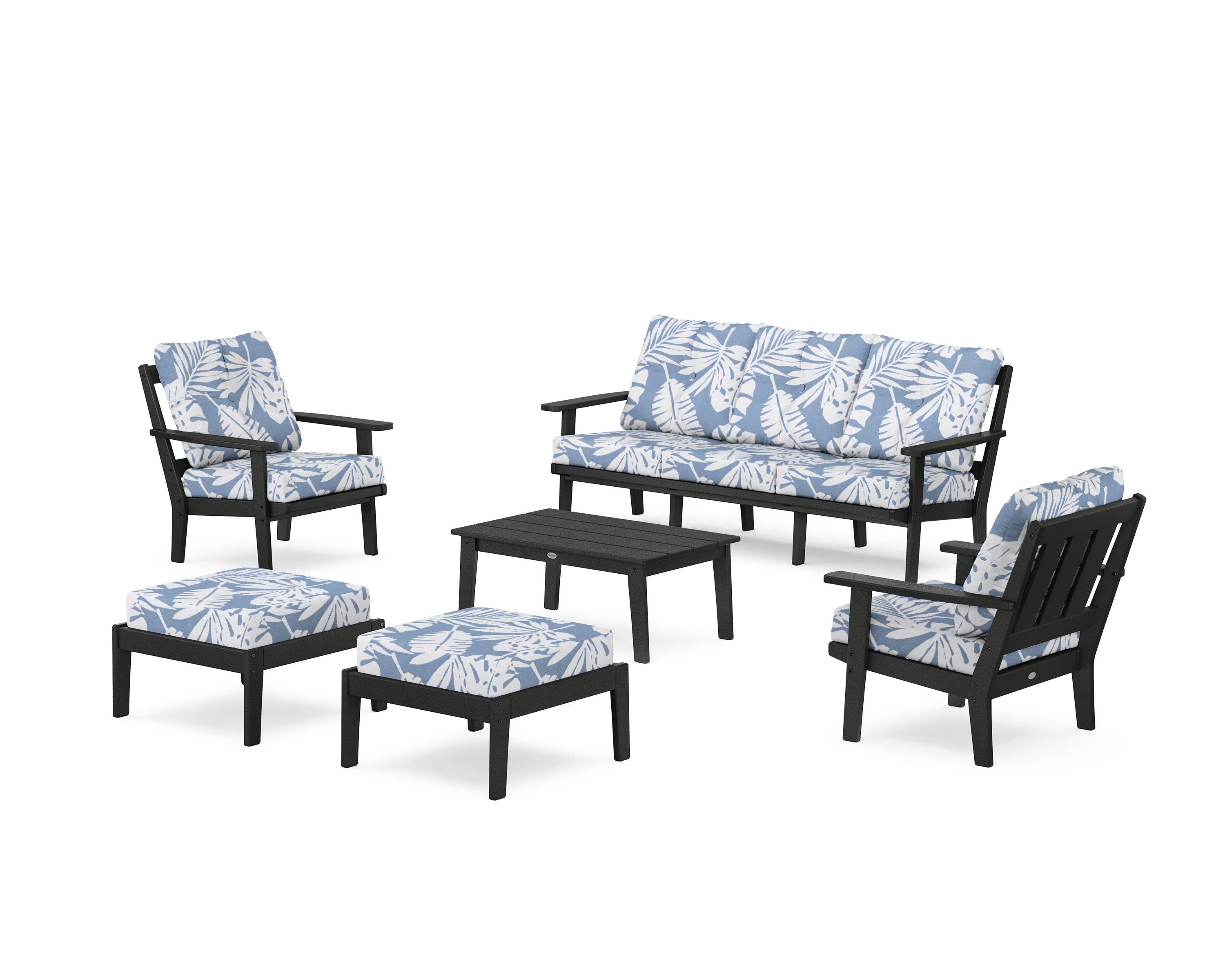 POLYWOOD® Oxford 6-Piece Lounge Sofa Set in Black / Leaf Sky Blue